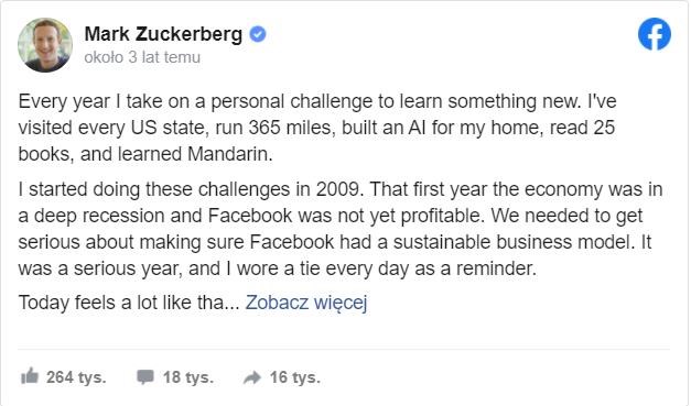 Przeprosiny Marka Zuckerberga - screen z Facebooka